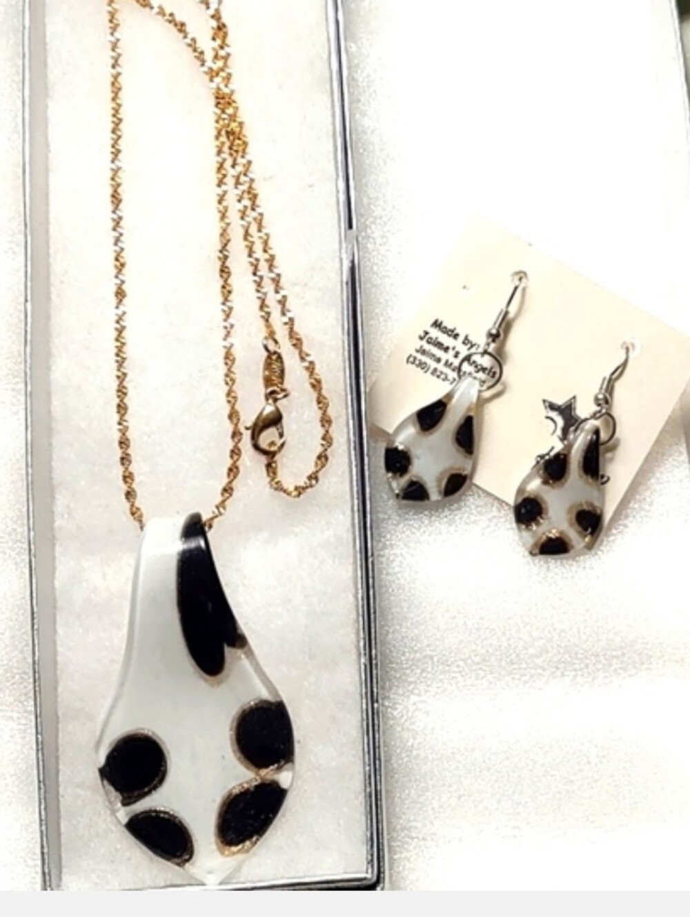 Fallon Gold Chain, Black & White Animal Print Murano Glass Pendant